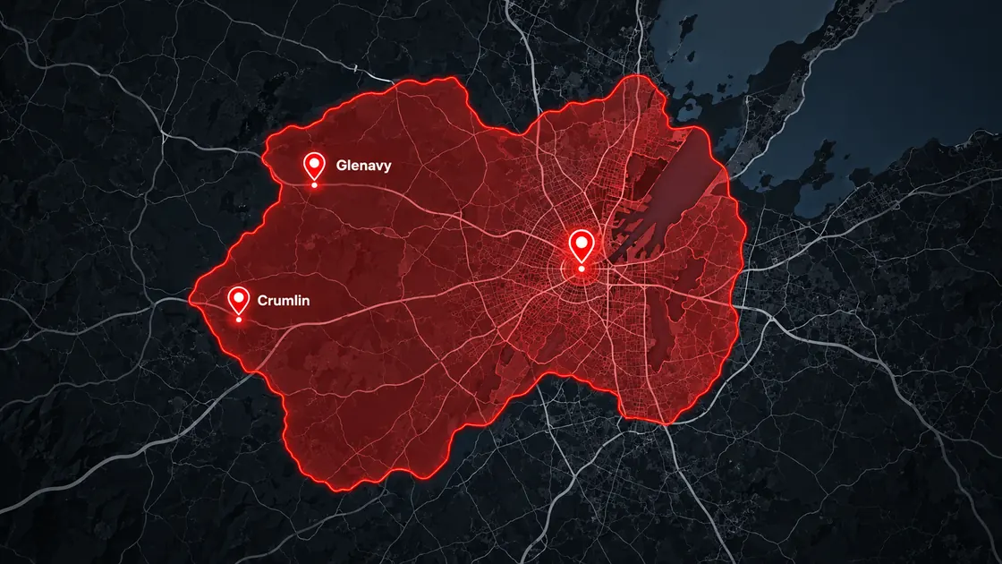 Illustrative graphic showing Belfast, Crumlin and Glenavy; not an exact delivery boundary